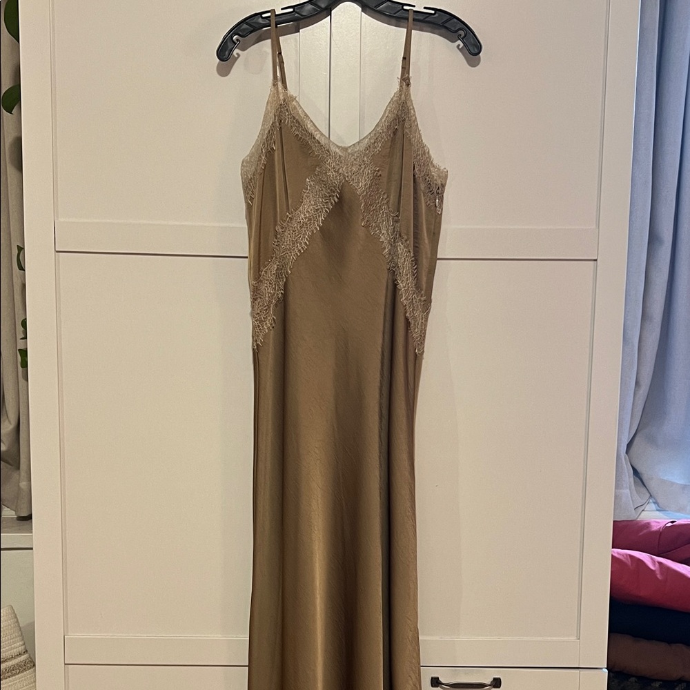 Elegant Tan Lace-Trimmed Maxi Slip Dress
